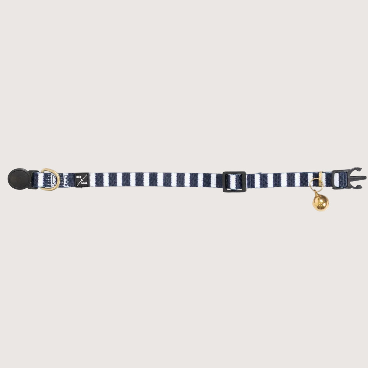 Navy and white striped cat collar with gold bell on a white background