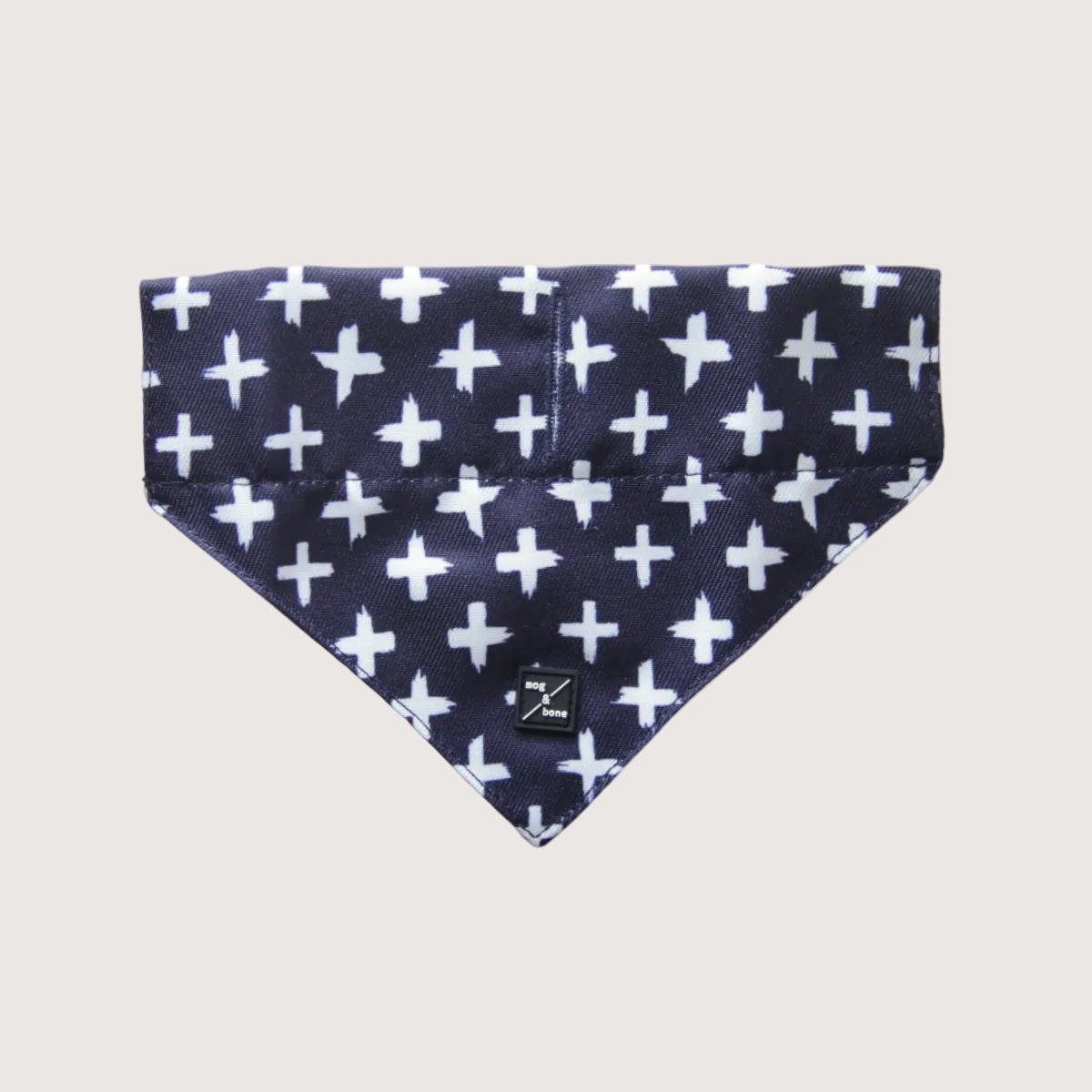 Navy blue bandana with white cross pattern on a white background