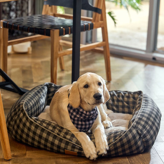 Bolster Dog Bed - Mocha/ Black Gingham Print