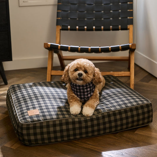 Cushion Dog Bed - Mocha/ Black Gingham Print