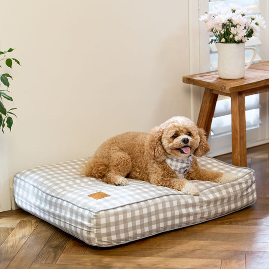 Cushion Dog Bed - Grey Gingham Print
