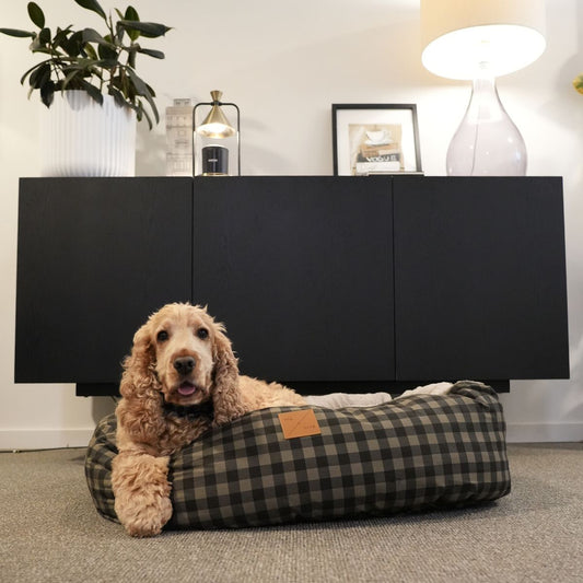 4 Seasons Reversible Circular Dog Bed - Mocha/ Black Gingham Print