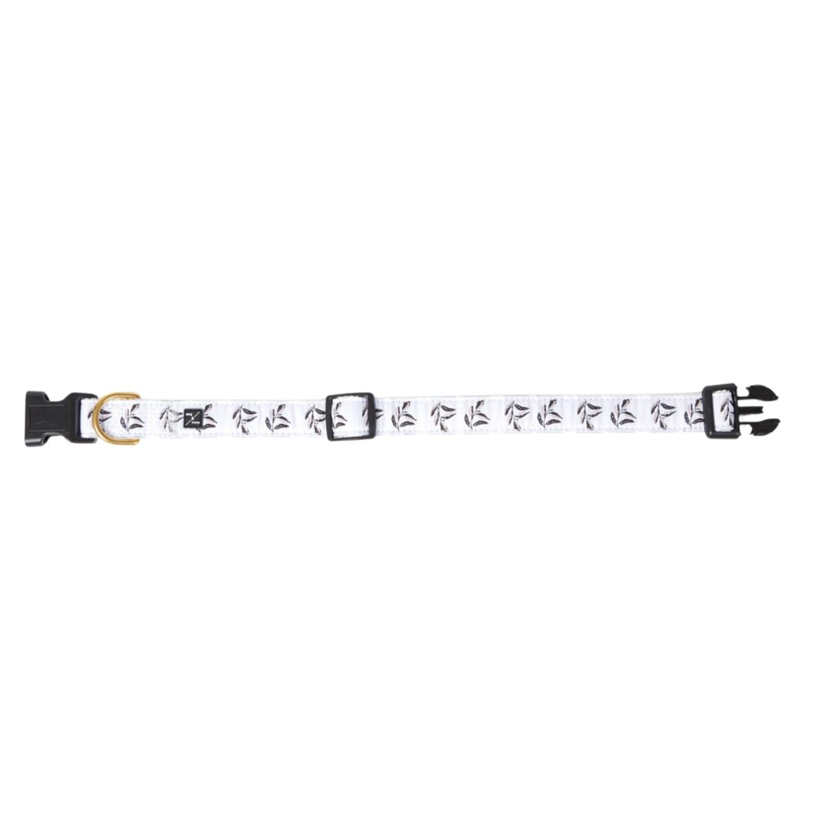Dog collar with black and pink leaf pattern and gold buckle on a white background