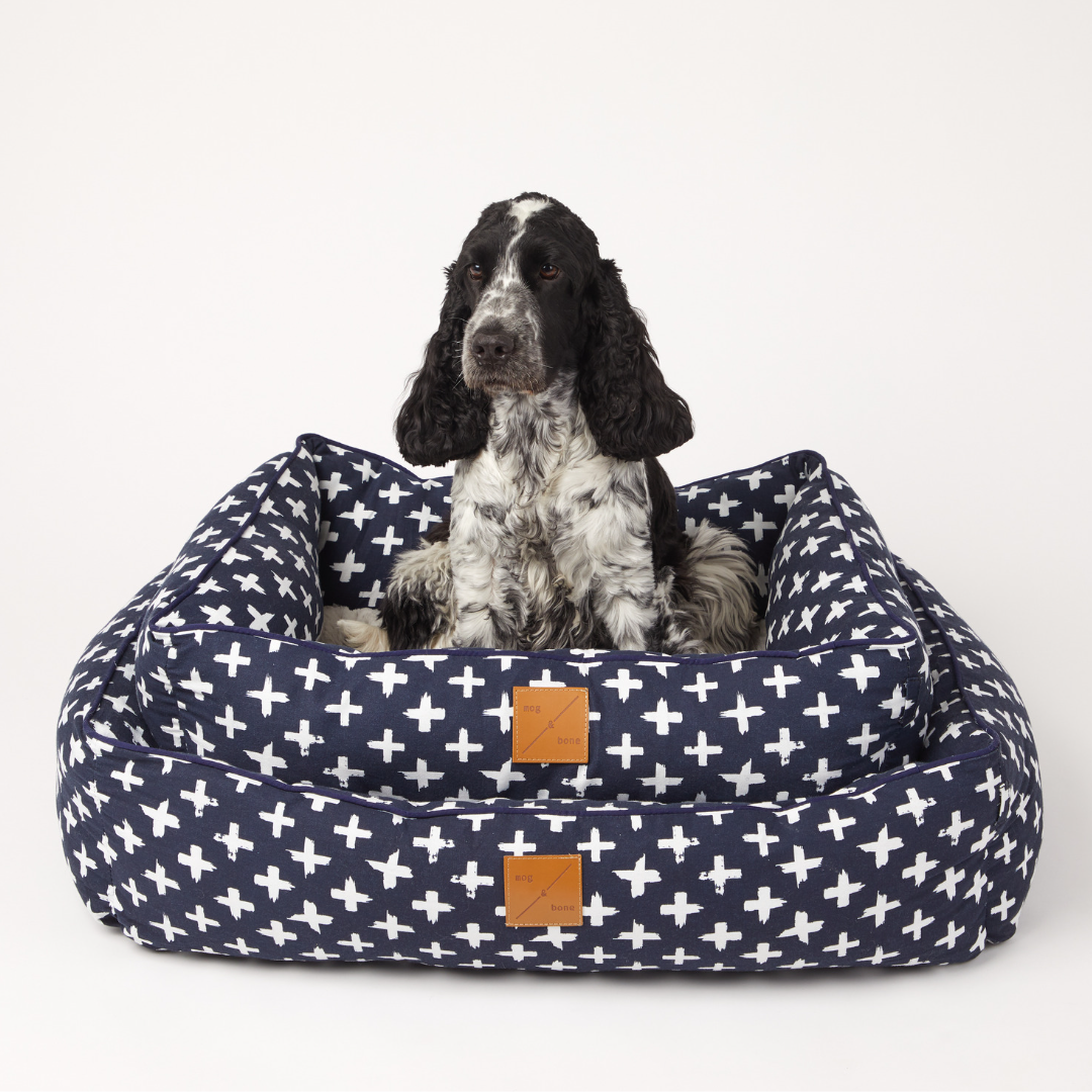 Bolster Dog Bed - Navy Cross Print