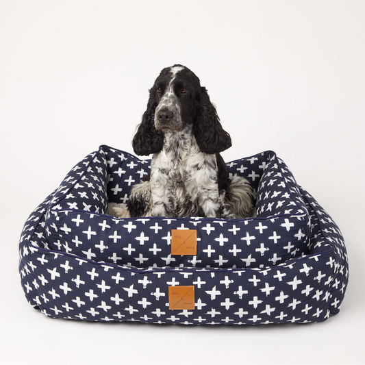 Bolster Dog Bed - Navy Cross Print