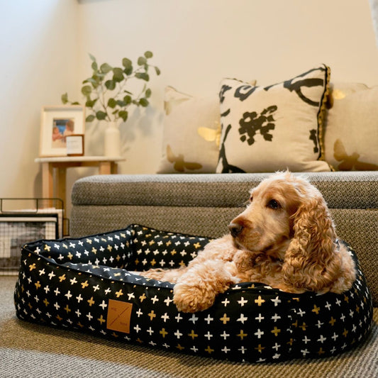 Bolster Dog Bed - Black Metallic Cross Print
