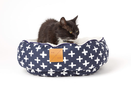 Cat Bed - Reversible - Navy Cross Print