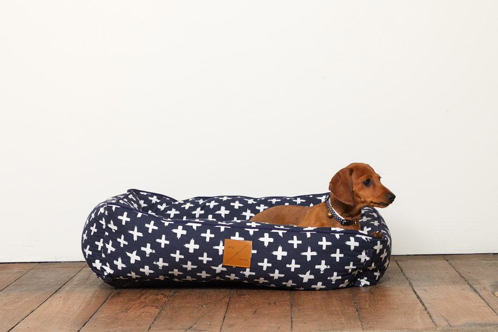 Bolster Dog Bed - Navy Cross Print