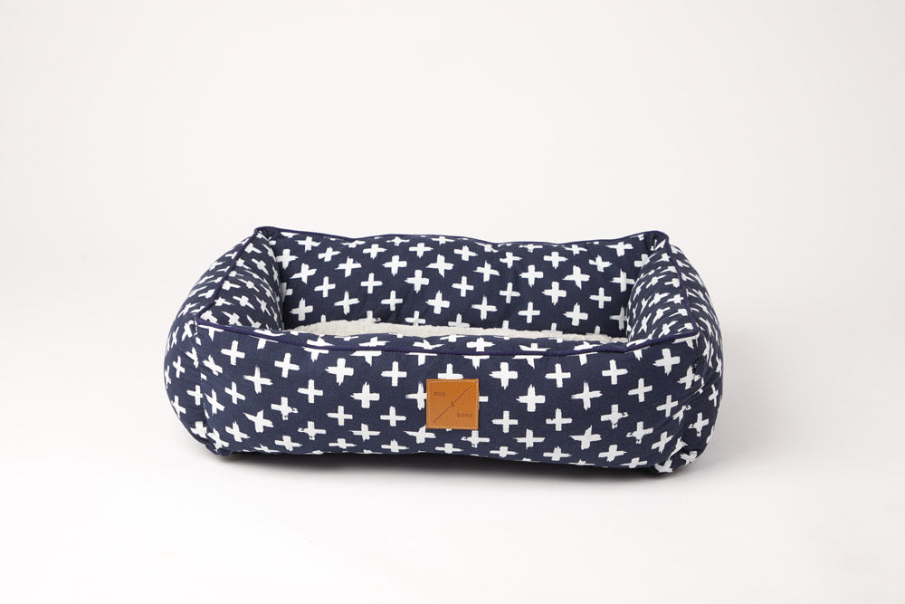 Bolster Dog Bed - Navy Cross Print