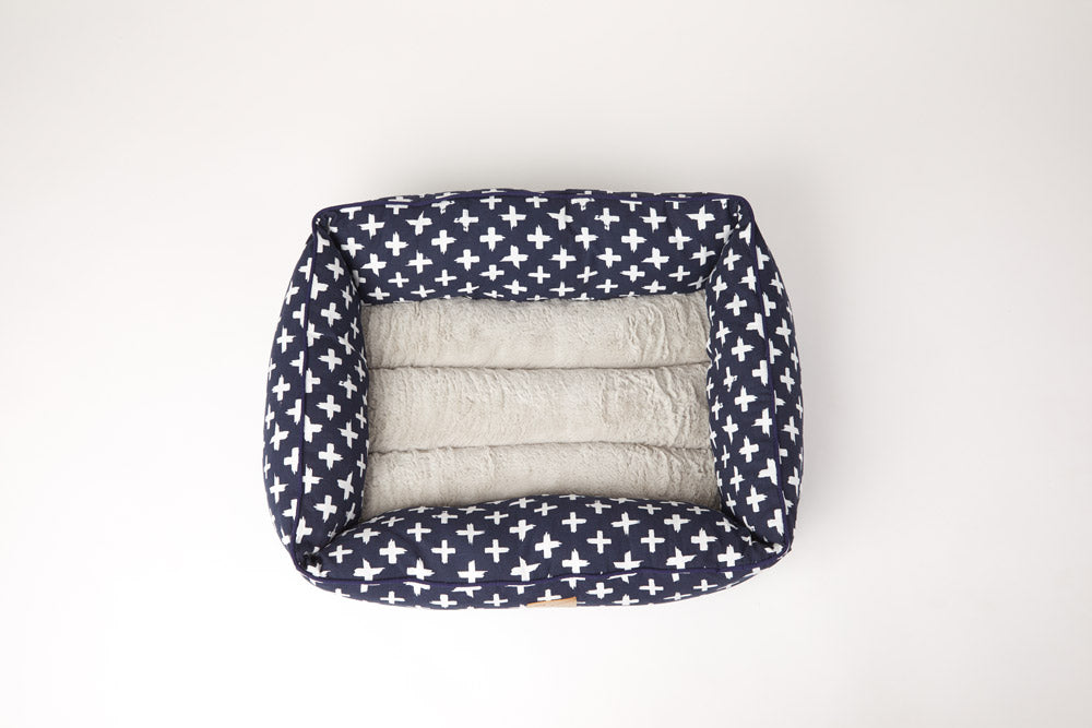 Bolster Dog Bed - Navy Cross Print