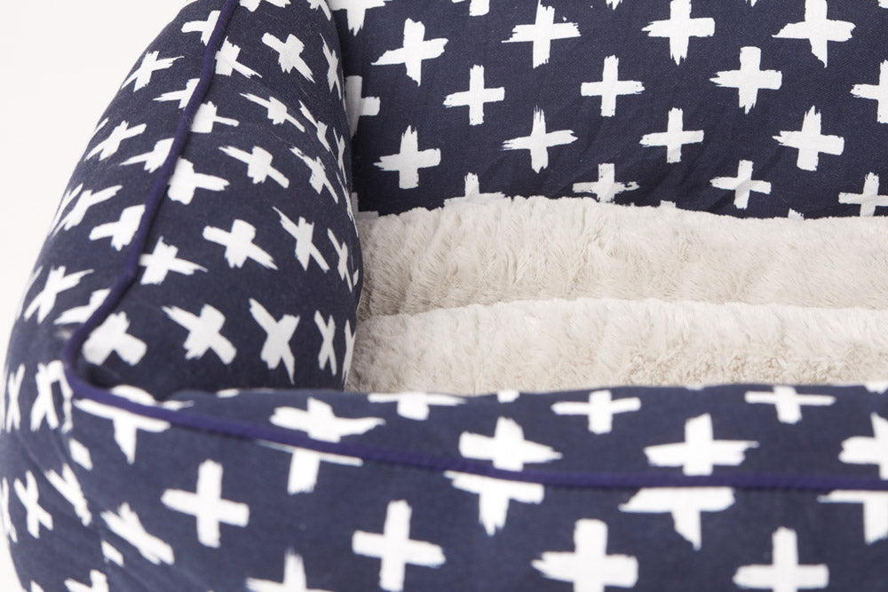 Bolster Dog Bed - Navy Cross Print