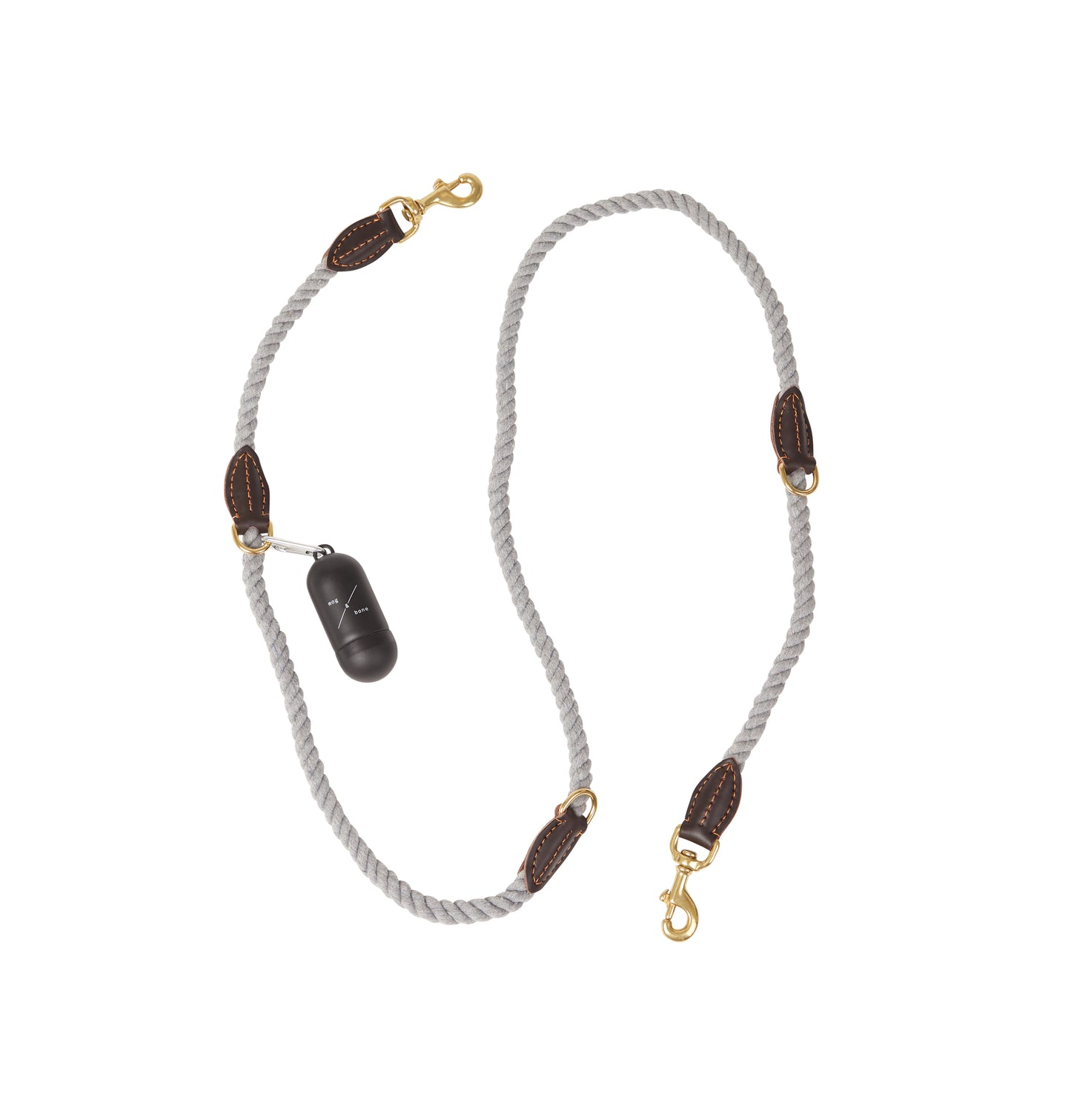 Rope Dog Lead (1.8m) - Multi Function with Leather & Brass Fittings - Grey