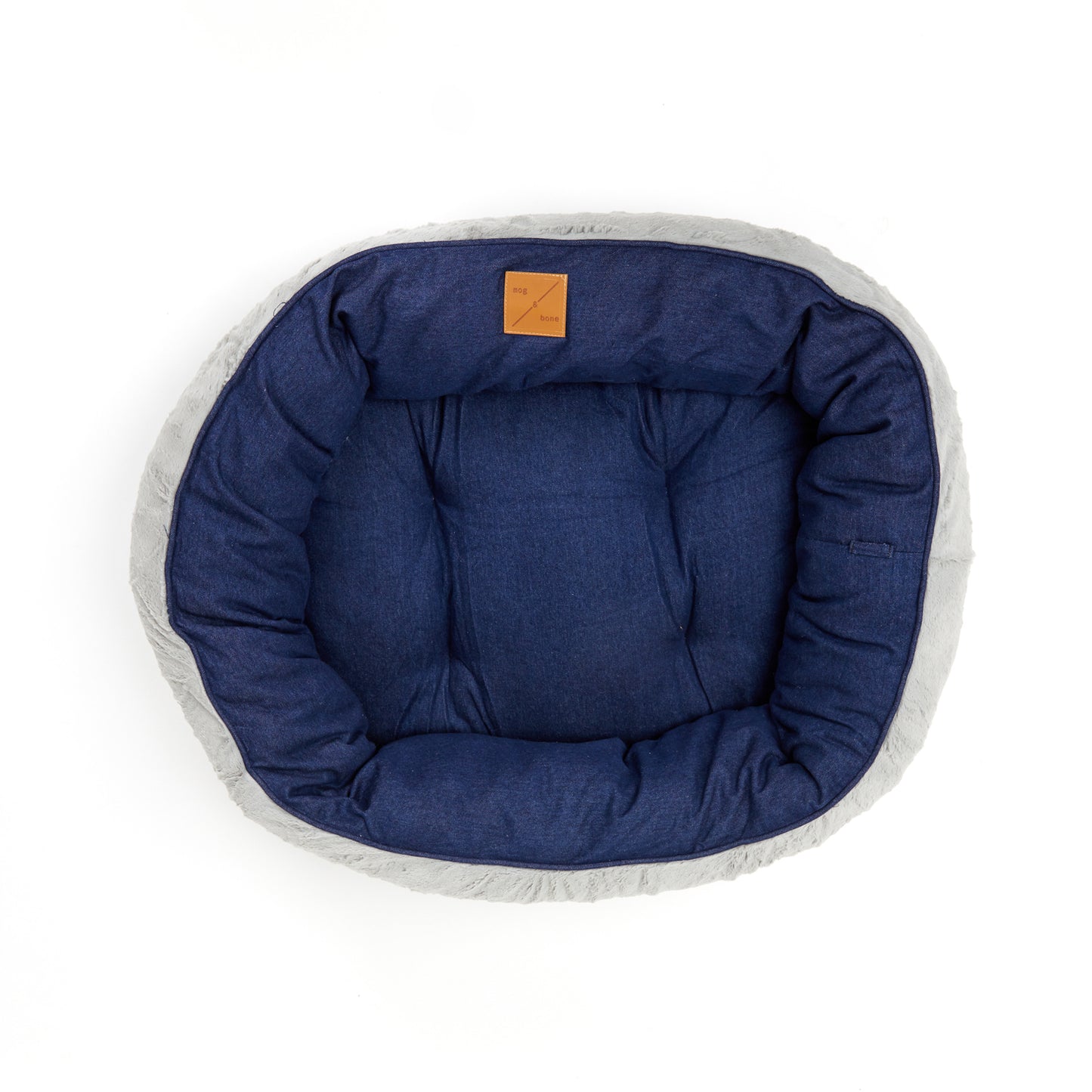 Mog and Bone 4 Seasons Reversible Circular Dog Bed in Blue Denim designer print