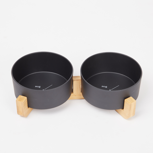 Bamboo Dog Bowls - Double with Stand - Black