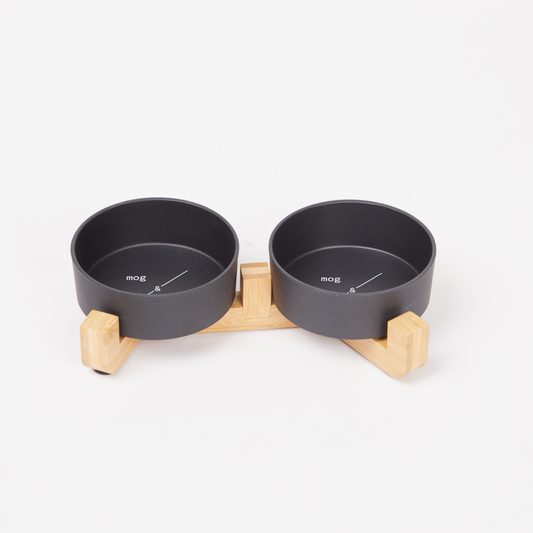 Bamboo Cat Bowl - Double with Stand - Black