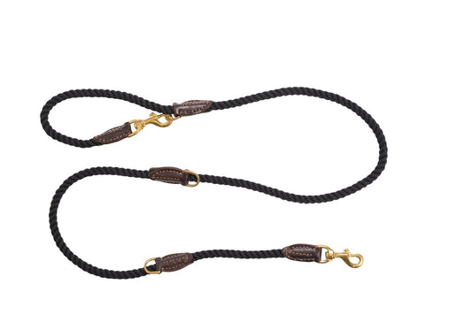 Rope Dog Lead (1.8m) - Multi Function with Leather & Brass Fittings  - Black