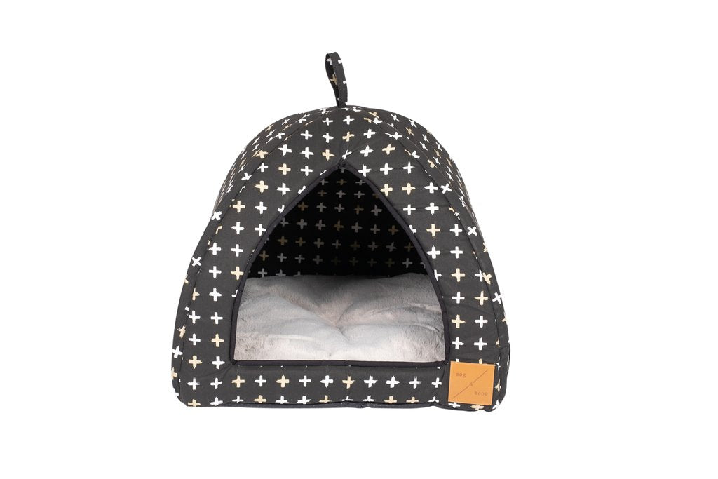 Mog and Bone Cat Bed Cat Igloo - Black Metallic Cross Print