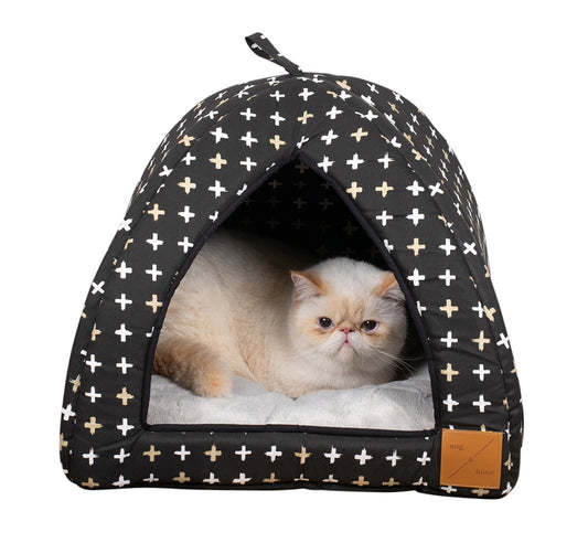 Mog and Bone Cat Bed Cat Igloo - Black Metallic Cross Print