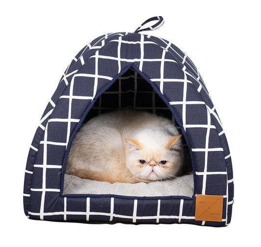 Mog and Bone Cat Bed Cat Igloo - Navy Check Print