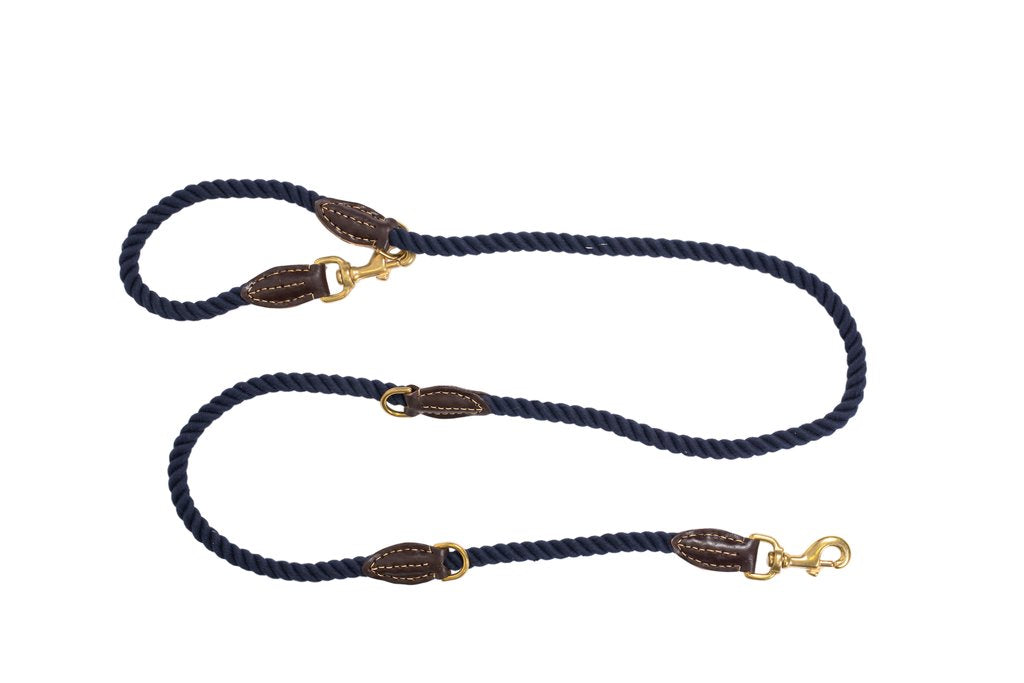 Rope Dog Lead 1.8m Multi Function with Leather Brass Fittings Navy