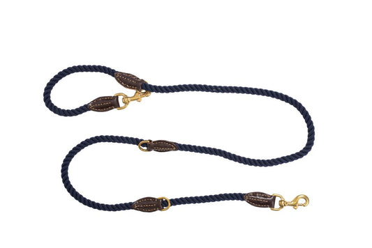 Rope Dog Lead (1.8m) - Multi Function with Leather & Brass Fittings  - Navy