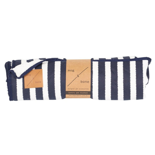 Mog and Bone Designer Dog Fleece Blanket - Navy  Hamptons Stripe Print