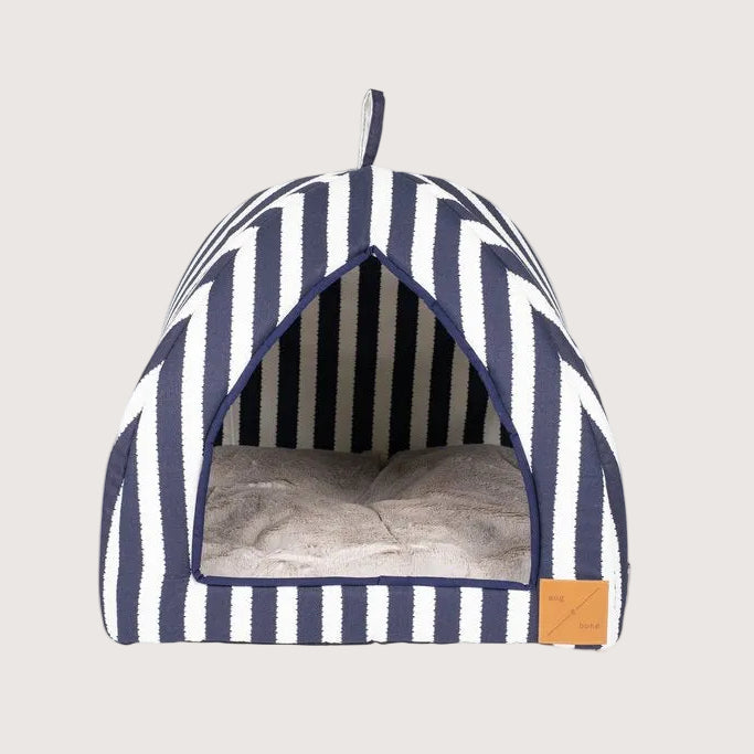 Mog and Bone Cat Bed Cat Igloo - Navy Hampton Stripe Print