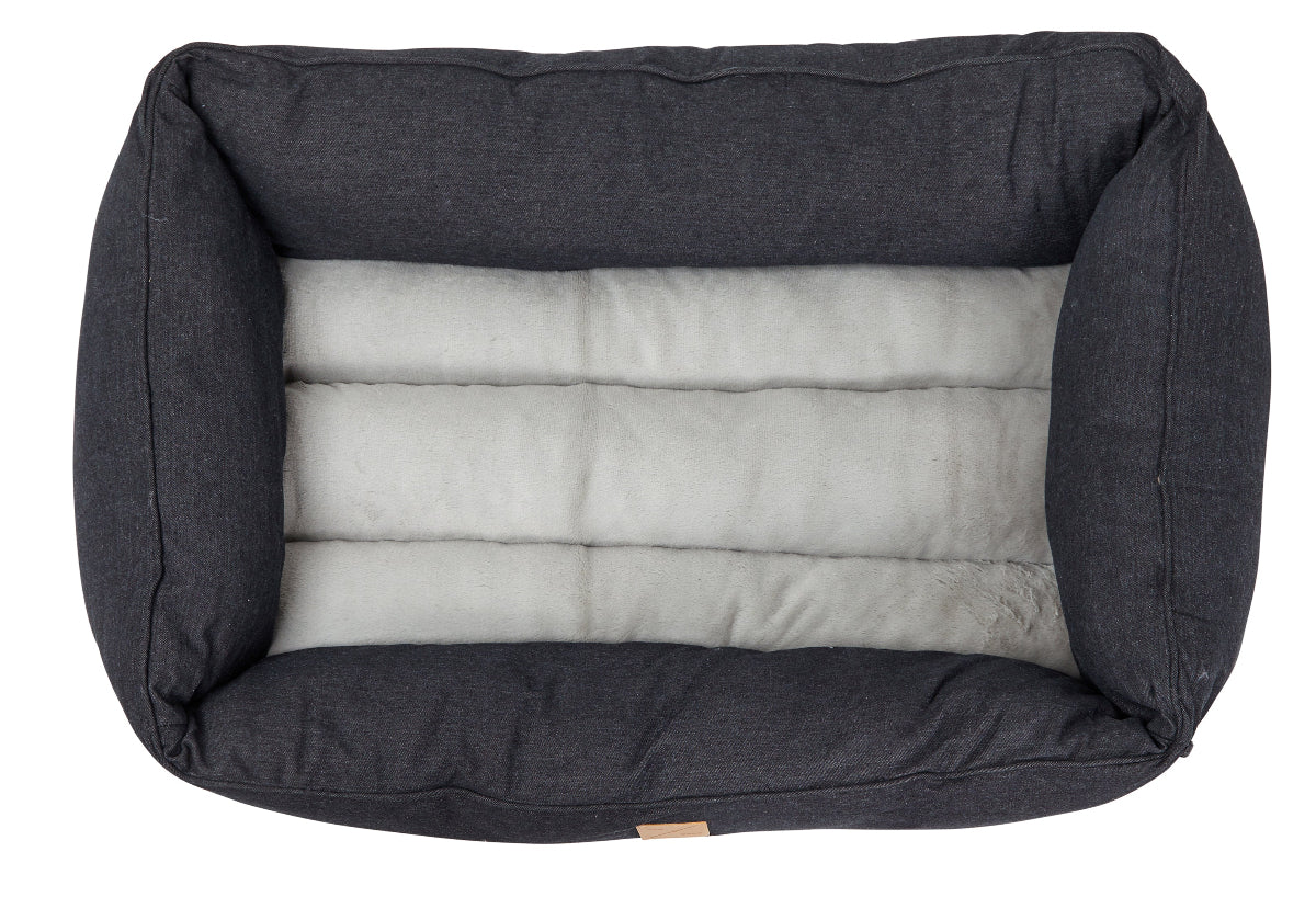 black denim pet bed with a soft grey cushion on a white background