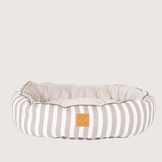 Mog & Bone 4 Seasons Reversible Circular Dog Bed - Latte Hamptons Stripe Print