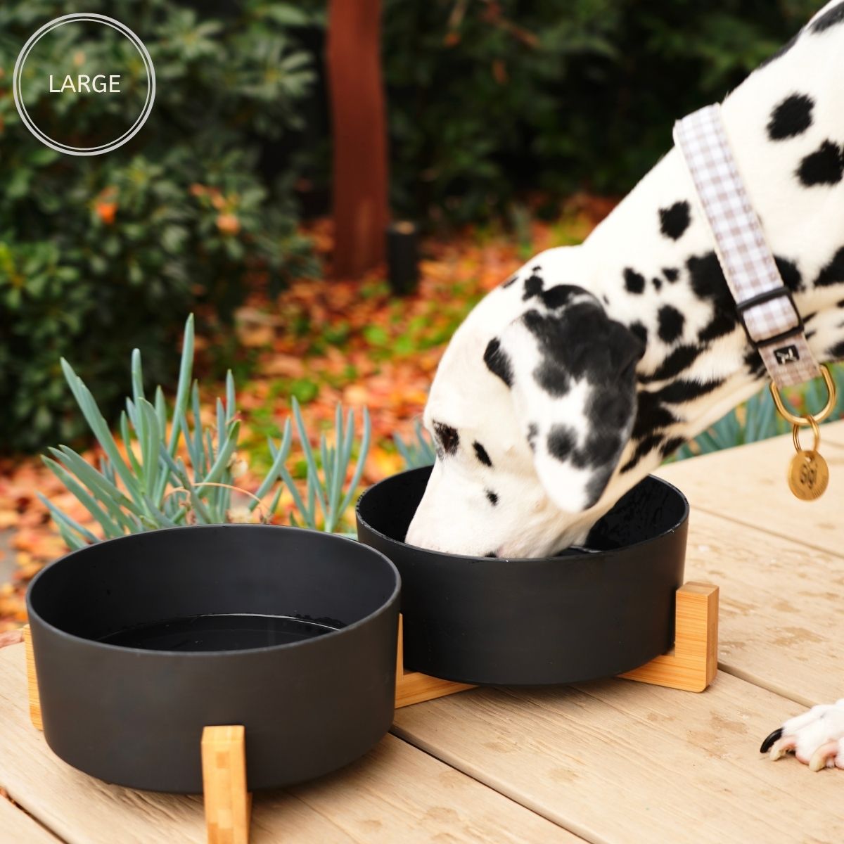 Bamboo Dog Bowls - Double with Stand - Black