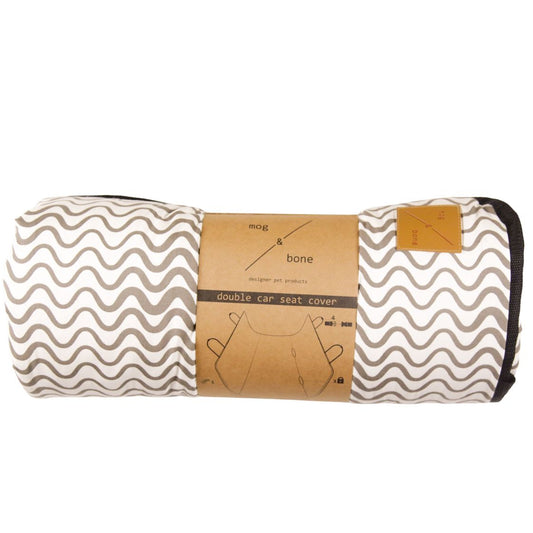 Folded double car seat cover with wavy pattern and packaging on a white background