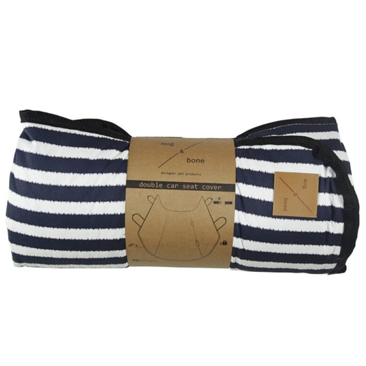 Navy and white striped car seat cover with a cardboard label on a white background