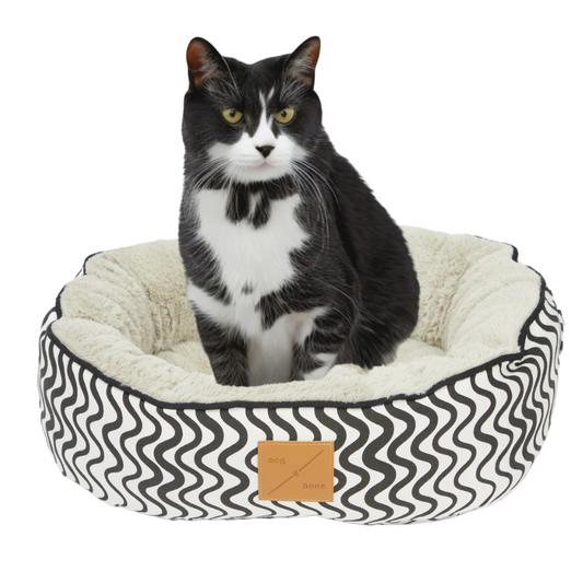 Cat Bed - Reversible - Black Wave Print