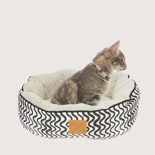 Cat Bed - Reversible - Black Wave Print