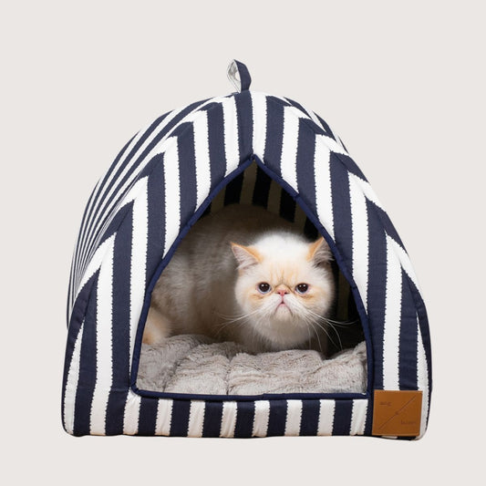 Cat Igloo - Navy Hamptons Stripe Print