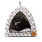 Pet bed with a pink leaf pattern and a cat inside on a white background