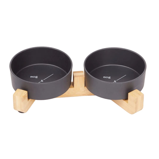 Bamboo Cat Bowl - Double with Stand - Black