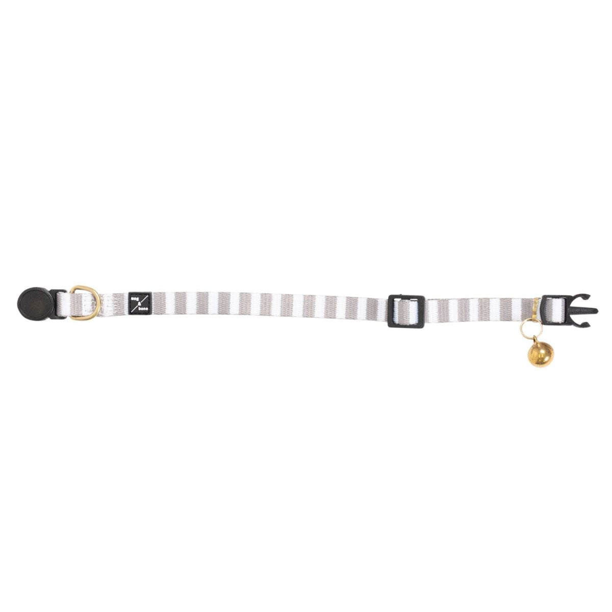 Cat collar with striped pattern and gold bell on a white background