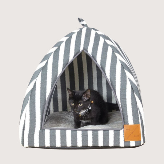 Cat Igloo - Charcoal Hamptons Stripe Print