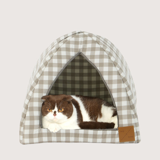 Cat Igloo - Mocha Gingham Print