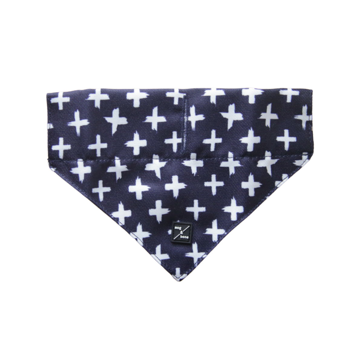 Navy blue bandana with white cross pattern on a white background