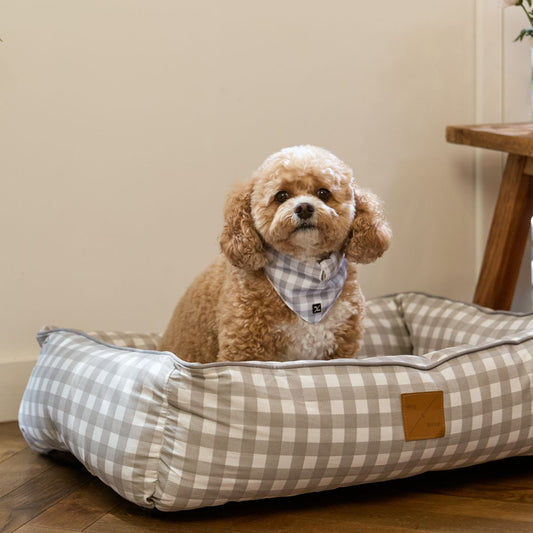 Bolster Dog Bed - Grey Gingham Print