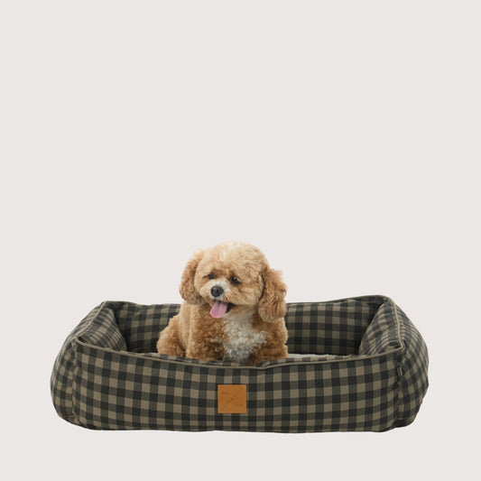 Bolster Dog Bed - Mocha/ Black Gingham Print