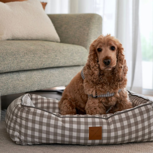 Bolster Dog Bed - Mocha Gingham Print