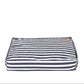 Navy and white striped pet bed on a white background