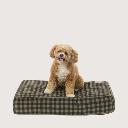 Cushion Dog Bed - Mocha/ Black Gingham Print