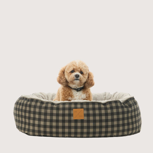 4 Seasons Reversible Circular Dog Bed - Mocha/ Black Gingham Print