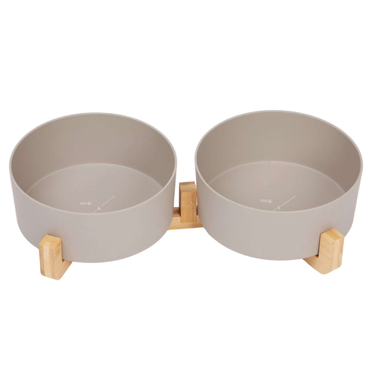Beige pet bowls with bamboo stand on a white background
