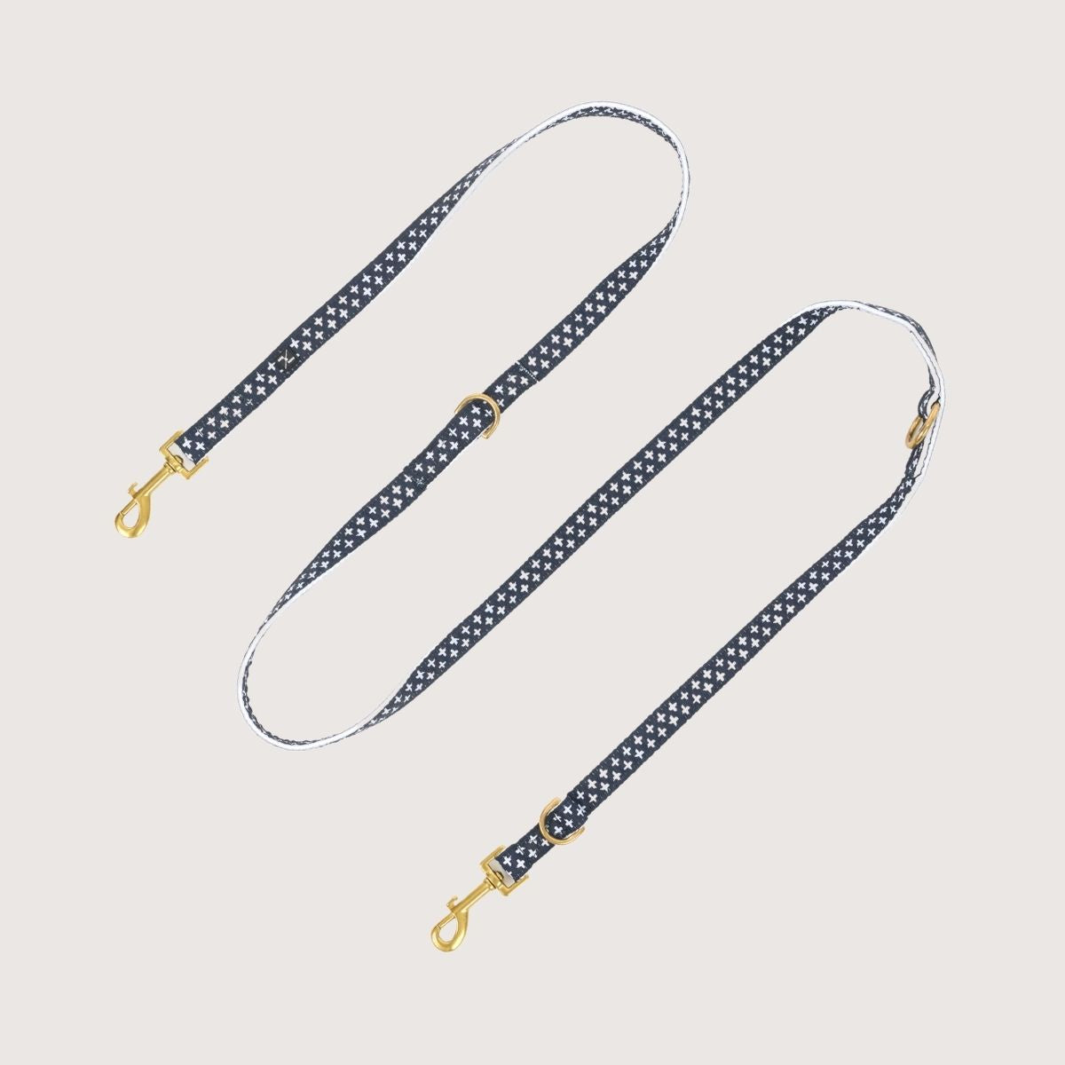 Hemp Dog Lead - Multi Function with Leather & Brass Fittings  - Navy Cross Print