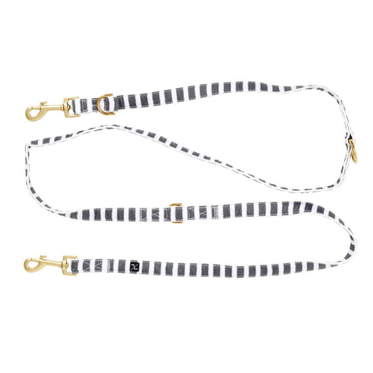 Hemp Dog Lead - Multi Function with Leather and Brass Fittings  - Charcoal Hamptons Stripe